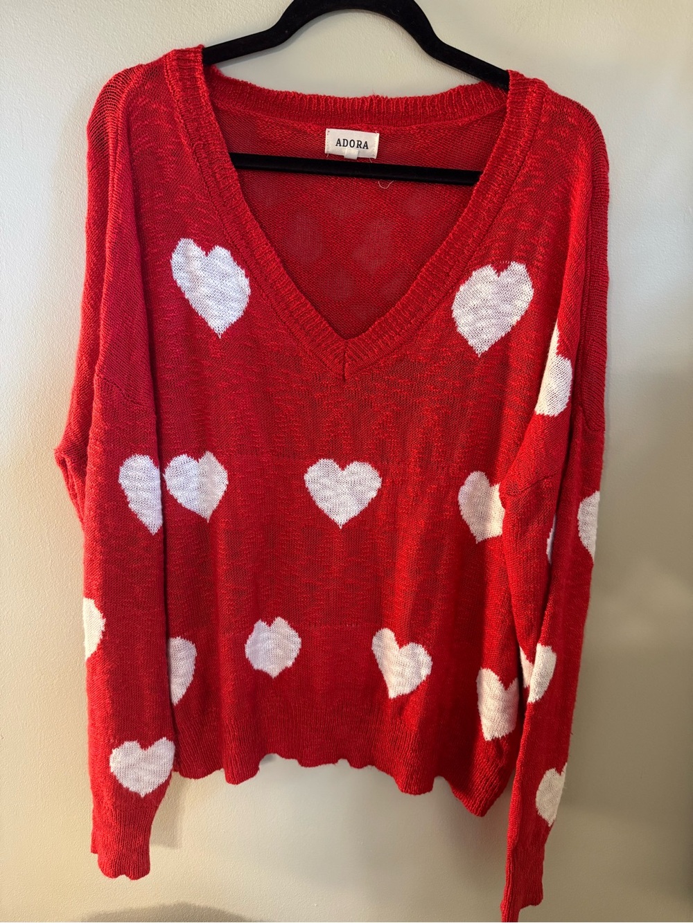 ADORA Women's Heart Print Sweater RED with White Hearts V-Neck Size 1X Oversized